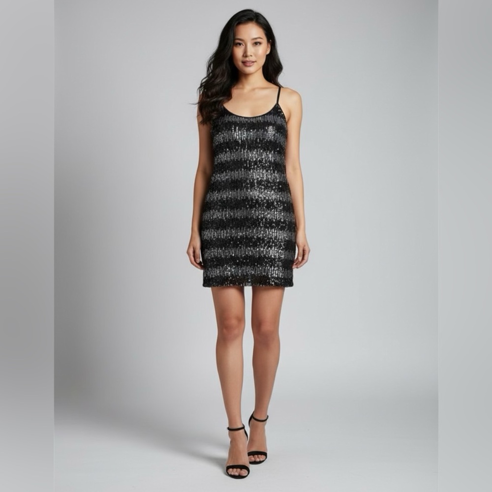 BKE Boutique black and silver stripe sequin mini dress, size Large